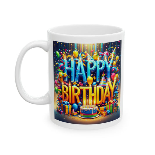 Happy Birthday Cake and Balloons Ceramic Mug (11oz, 15oz)