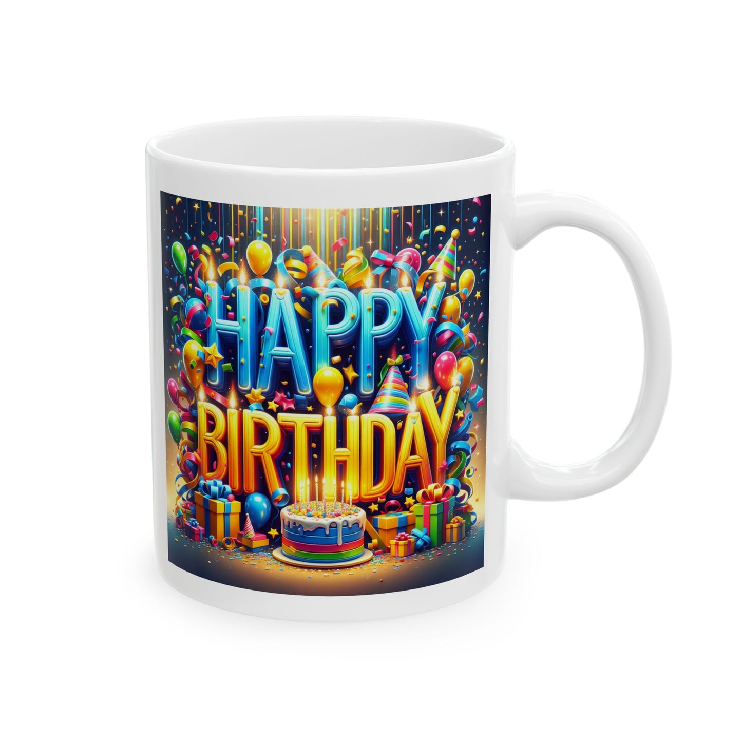 Happy Birthday Cake and Balloons Ceramic Mug (11oz, 15oz)